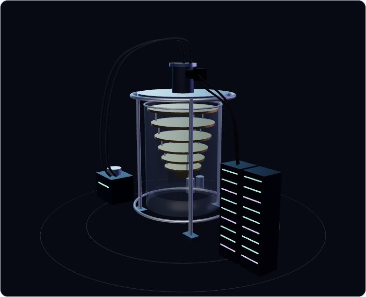 A dilution refrigerator drawn in 3D: a glass vacuum can holding six gold plates that step down in size, with racks of control electronics beside it.